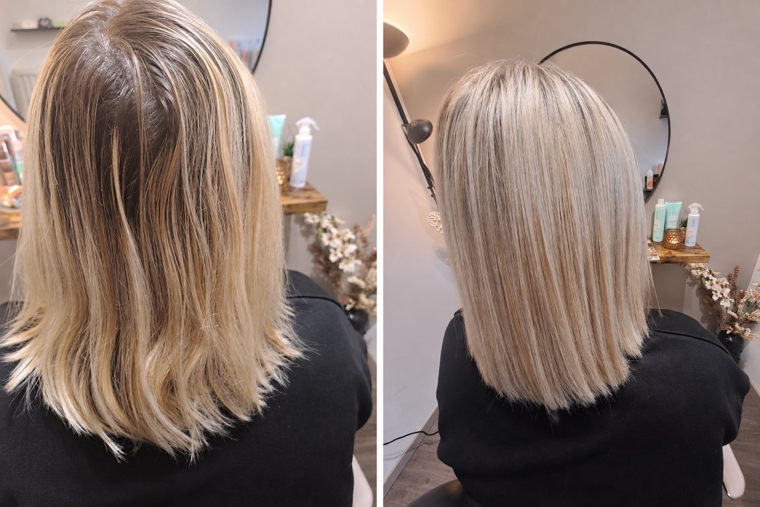 Voor en na van egaal donkerblond haar naar subtiele karamelkleurige mechen met natuurlijke dimensie